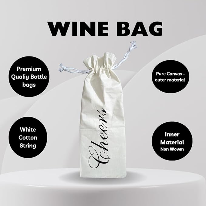 Handmakers Natural Pure White Wine Bottle Bags with Cheers Print Wine Bags Pack of 6