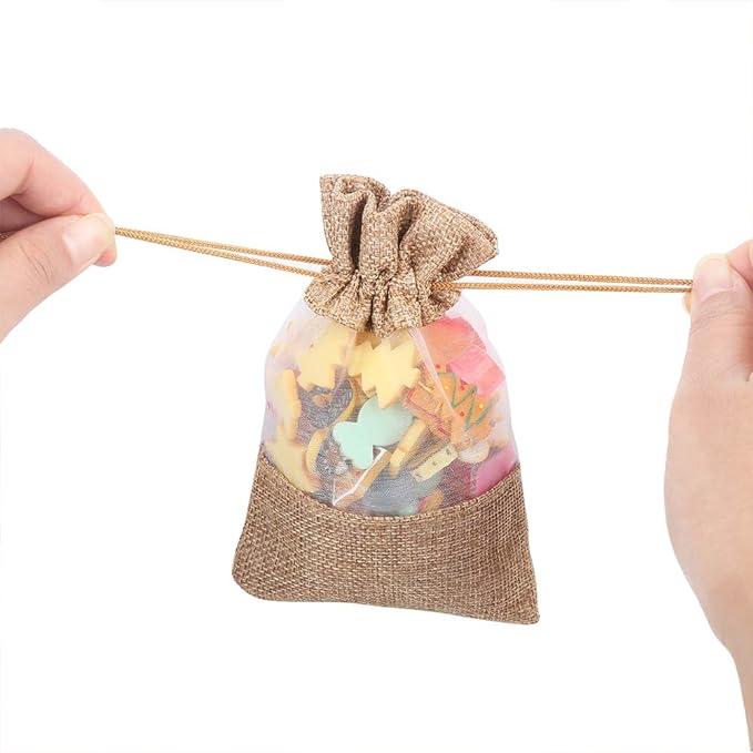 12 Pack Burlap Drawstring Gift Bags with Organza Window - Perfect for Wedding, Baby Shower, and Party Favors (5x7 Inches)