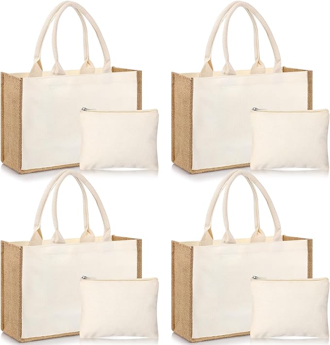 4 Set Jute Tote Bag and Makeup Pouch Set: The Perfect Gift for Bridesmaids, Wedding Guests, and More