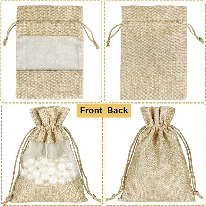 12 Pack 5x7 Inch Burlap Sheer Drawstring Gift Bags for Jewelry, Candy, and Wedding Party Favors