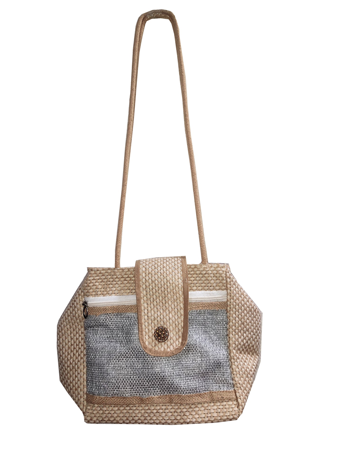 Handmakers Eco friendly Jute women sling bag with check print with grey cloth cotton