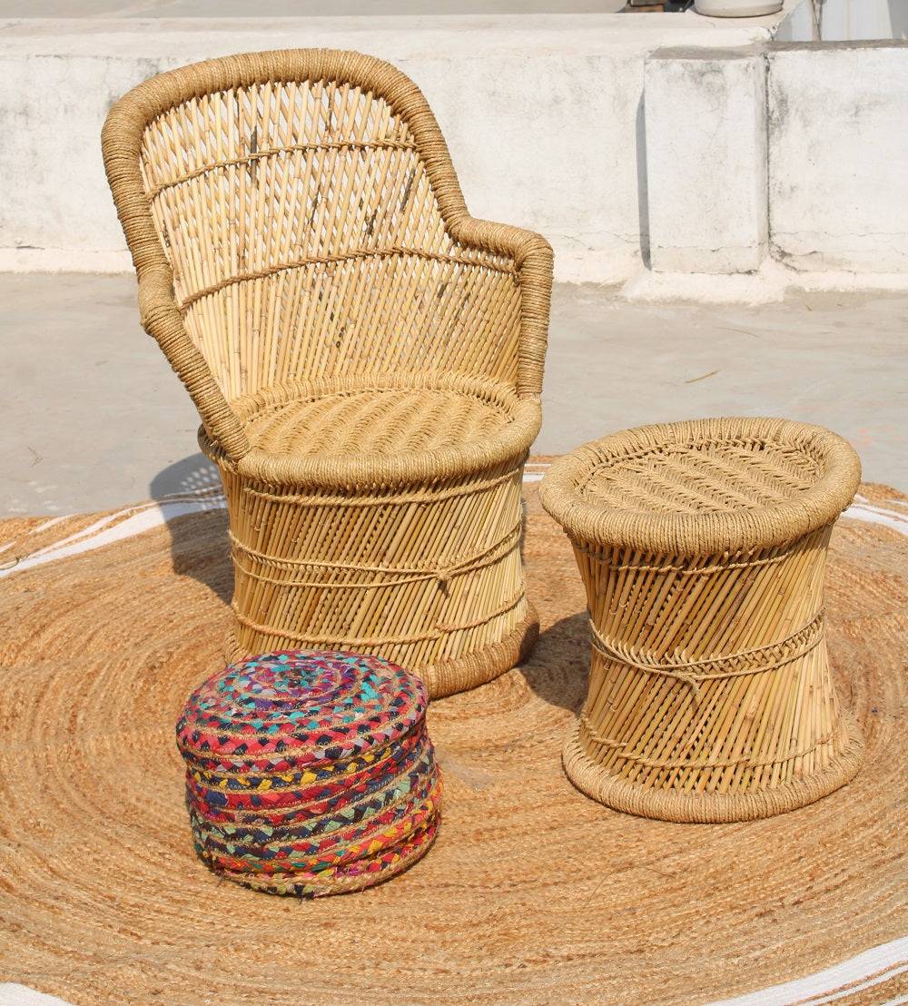 Handmakers Natural Bamboo mudda chair for Balcony, Garden