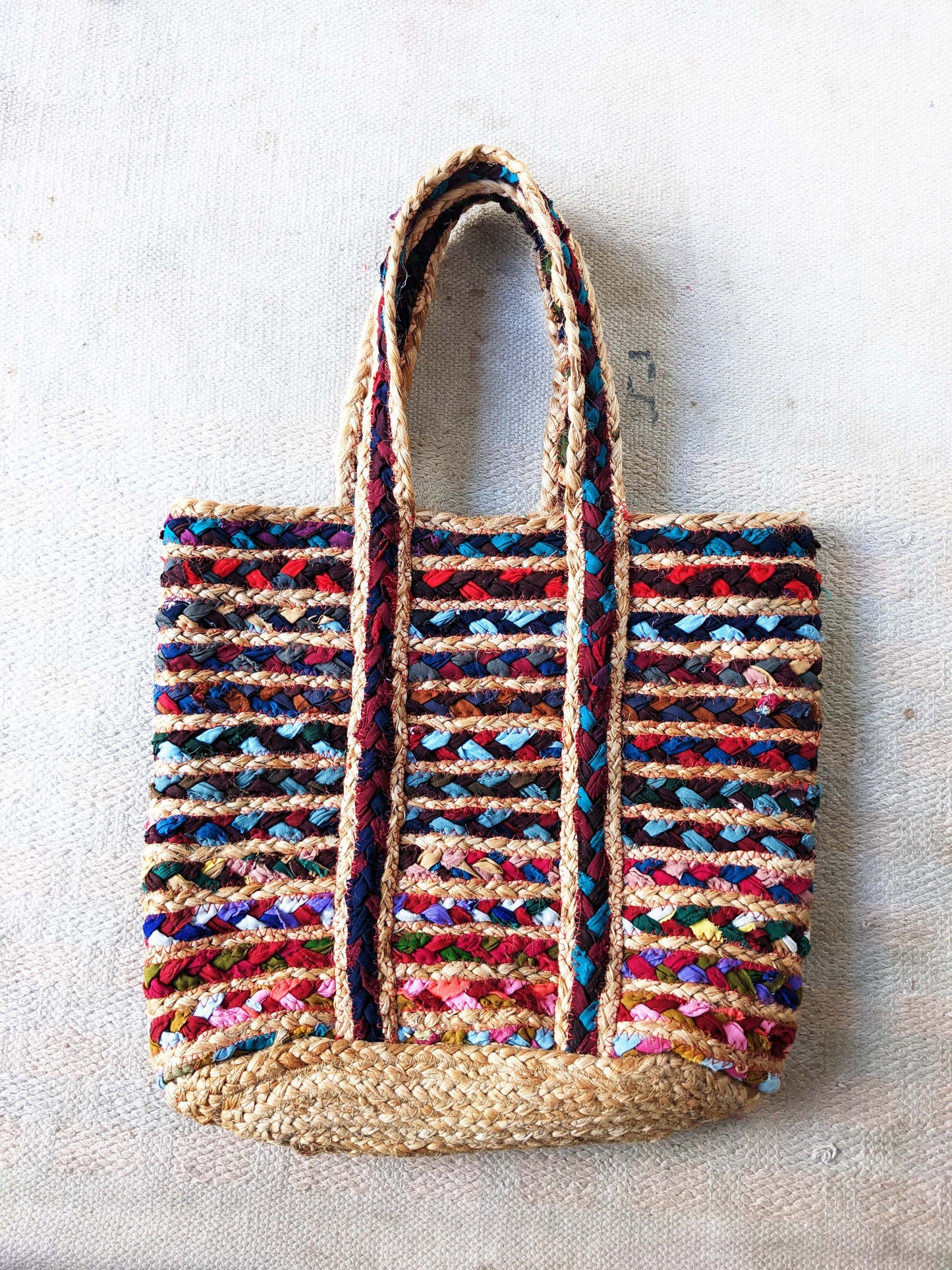 Handmakers Jute Woven Handbags with Multicolor Strips