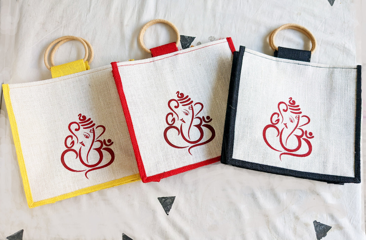 Personalized Jute Bags for Weddings 3-Pack Black, Red, and Yellow Color Combination